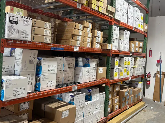 Pool lights and supplies in the Gorman Supply Miami warehouse
